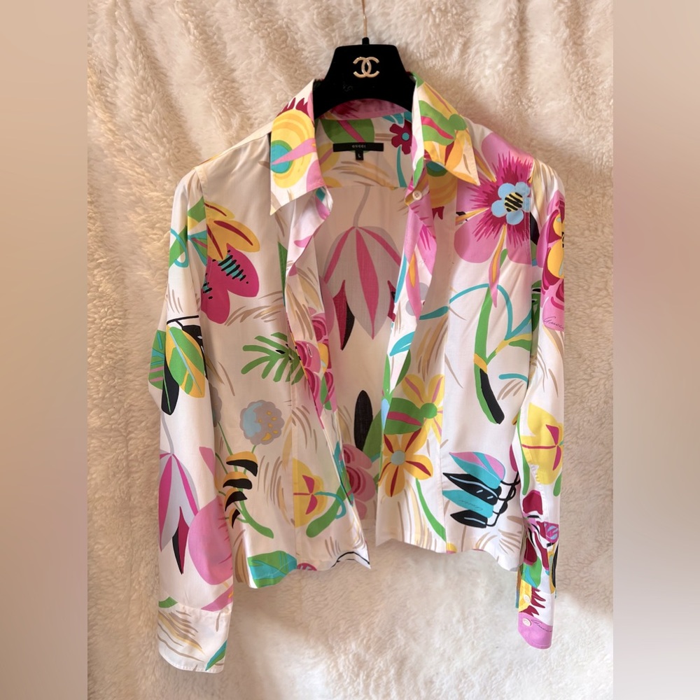 1999 Gucci by Tom Ford White Psychedelic Floral Button Up Shirt